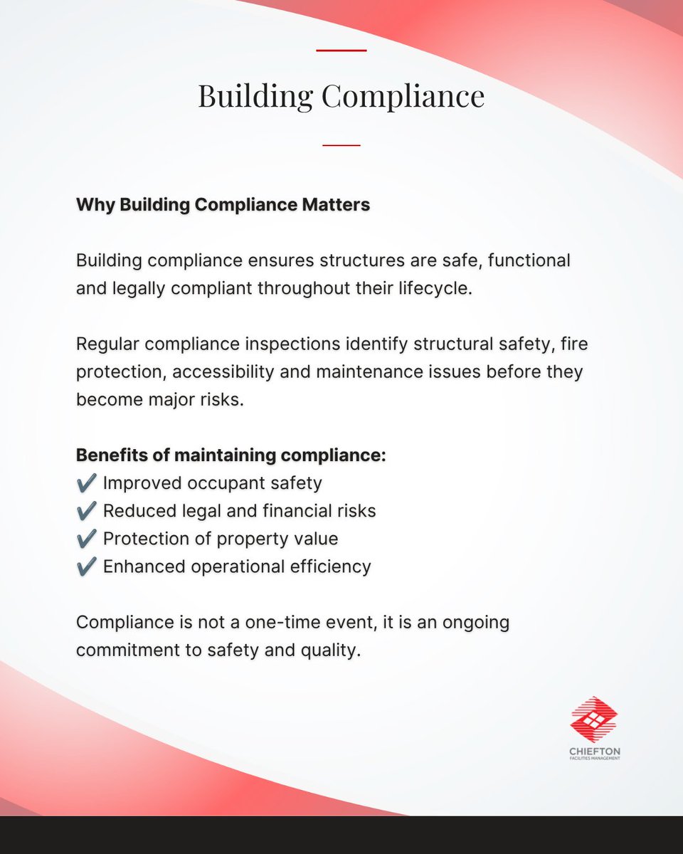 ChieftonSA's tweet photo. Compliance today. Safety tomorrow.
#KnowledgeWednesday #BuildingCompliance #ChieftonFacilitiesManagement #BuiltEnvironment https://t.co/cNO8EgkD6E