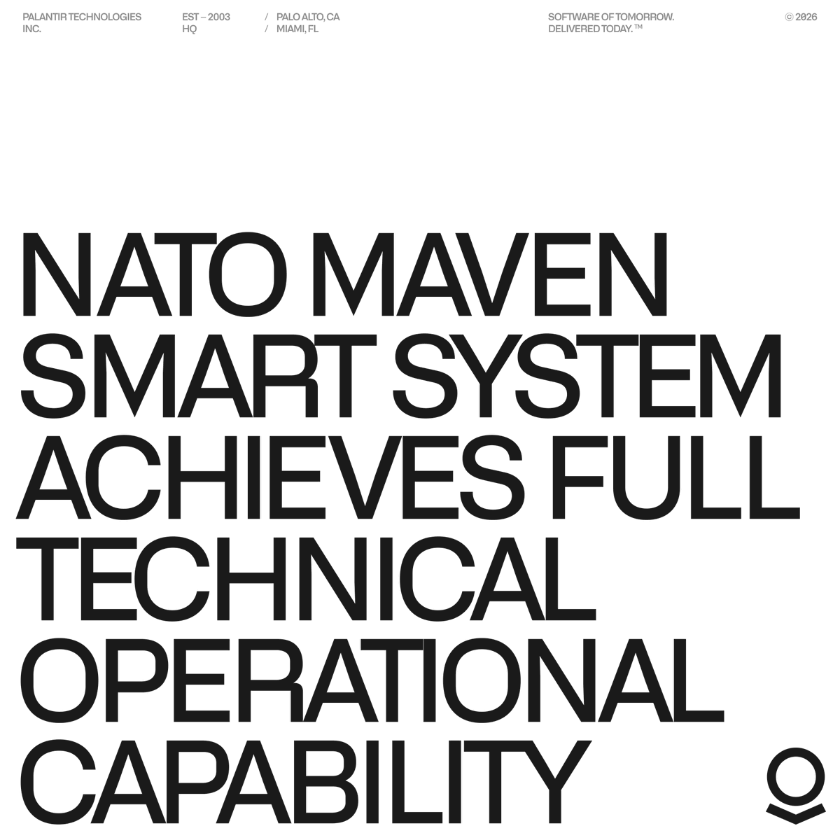 PalantirTech's tweet photo. Full Technical Operational Capability achieved.

Accredited to operate on @NATO's classified network.

Proud to deliver a critical capability to the warfighter in service of a stronger Alliance.

https://t.co/9rMVZ4l0F8 https://t.co/0OnzVgTjw8