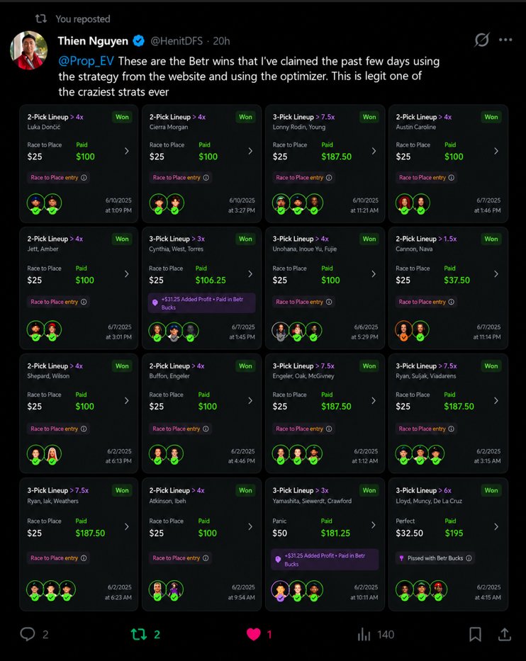 Prop_EV's tweet photo. We built Prop EV to help people gain edges like this.
We provide betting strategies by our own team on our site with realtime data from sportsbooks to help our users can an edge