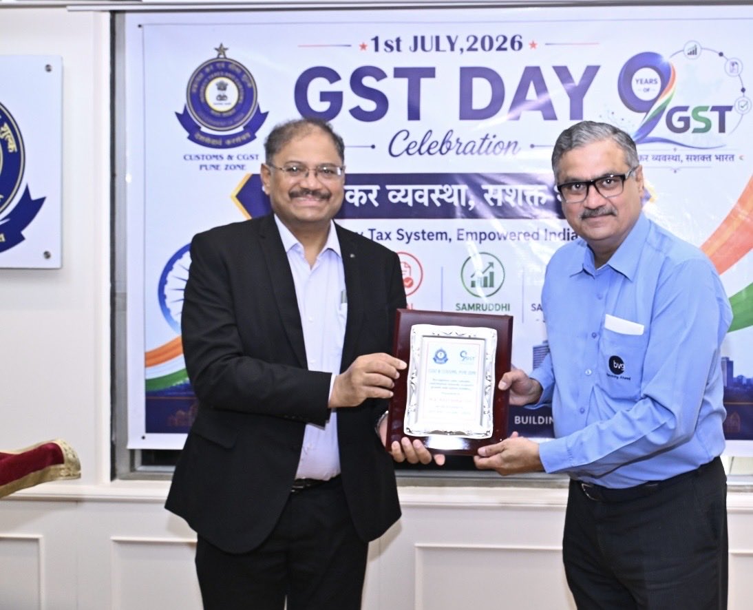 cgstcuspunezone's tweet photo. On the eve of the 9th #GSTDay, Pune CGST & Customs Zone commemorated nine years of the Goods and Services Tax—a landmark reform that has transformed India’s indirect tax landscape. We salute our trade and industry partners for their trust, voluntary compliance, and continued partnership in building a transparent, efficient, and taxpayer-friendly GST ecosystem. #9YearsOfGST  #FacilitatingTrade #EaseOfDoingBusiness #ViksitBharat