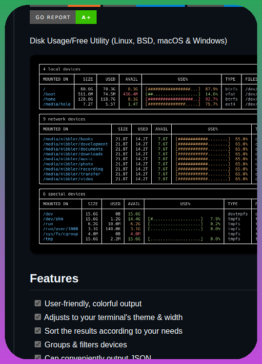 tom_doerr's tweet photo. Displays disk usage information in a user-friendly, color-coded terminal table.

https://t.co/aVluo02xcJ https://t.co/z0etzciR7N
