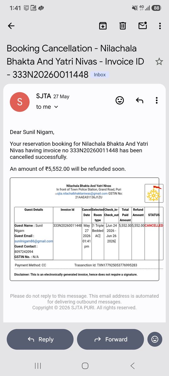 sunil_nigam's tweet photo. @SJTA_Puri @SPPuri1 @ThaneCityPolice after many follow up we have not received our refund from bhaktniwas puri Nilachala , kindly provide the same requesting help fro. Puri police to sort out the same almost waiting from 27 may 2026 https://t.co/FHxyhIUhpp