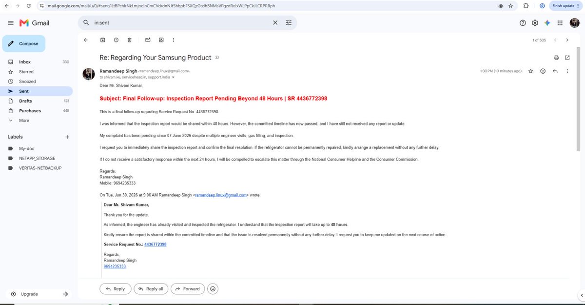 Ramandeeplinux's tweet photo. @SamsungHelp_IN @SamsungIndia

SR **4436772398** is pending since **07 June 2026**. The promised **48-hour inspection report** has still not been shared. Multiple visits, but no resolution.

Kindly intervene and resolve this issue urgently.

#SamsungIndia https://t.co/dfrM3r7oKO