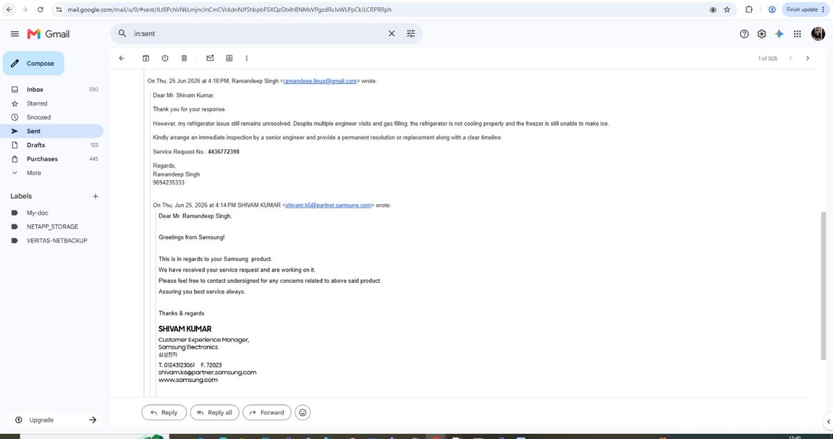 Ramandeeplinux's tweet photo. @SamsungHelp_IN @SamsungIndia

SR **4436772398** is pending since **07 June 2026**. The promised **48-hour inspection report** has still not been shared. Multiple visits, but no resolution.

Kindly intervene and resolve this issue urgently.

#SamsungIndia https://t.co/dfrM3r7oKO