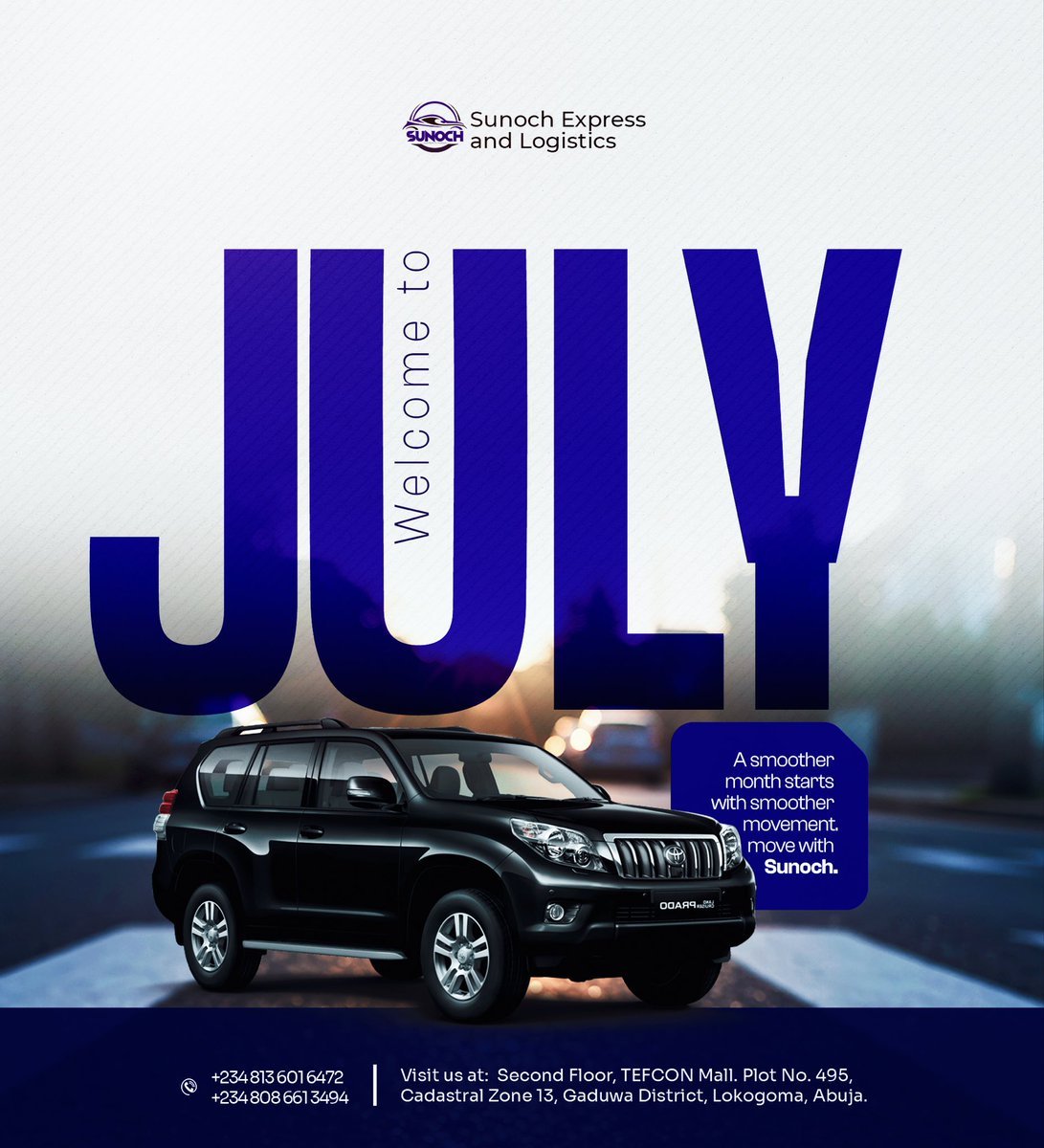 Sunochlogistics's tweet photo. Welcome to July🚗

Remember that July is smoother when movement doesn’t slow you down.

#july #newmonth #businesstravel #logistics https://t.co/XhdMle1qdu