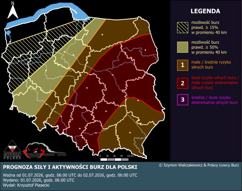 SkywarnPoland's tweet photo. Możliwe groźne burze nad Polską ⚡️ 

Ponownie drugi stopień zagrożenia, uwzględniamy w naszej prognozie konwekcyjnej - tym razem jego obszar rozciąga się od południa przez centrum po wschód, zgodnie z poniższą mapą. 

W ciągu kolejnych godzin, spodziewamy się rozwoju burz - początkowo superkomórek burzowych, mogących generować silne i bardzo silne porywy wiatru, intensywne opady deszczu, ale co najważniejsze, opady gradu o średnicy sięgającej w skrajnym przypadku nawet 5-8 cm. 

Na szczególną uwagę zasługuje to, co może wydarzyć się później. Niewykluczone, że doszłoby do rozwoju układu liniowego z wyraźną sygnaturą bow echo, na trasie którego występowałyby niszczące porywy wiatru, sięgające nawet ponad 140 km/h! Podkreślamy jednak, że choć obecnie istnieje takowa możliwość, to na razie obecna sytuacja nie daje gwarancji rozwoju układu. 

Z uwagi na niepewność trybu konwekcji, która wpłynie na finalną intensywność burz, obecnie uwzględniamy drugi stopień w naszej prognozie. W późniejszym czasie możliwa jest aktualizacja prognozy.

Pełne szczegóły dostępne są w treści prognozy konwekcyjnej do której odsyłamy na naszą stronę - https://t.co/nMIr01vRce