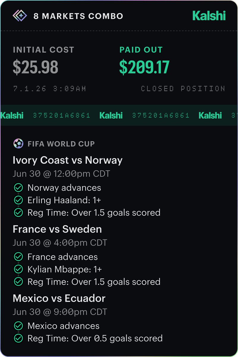 APTx19944's tweet photo. Some Kalshi Slips with some FIFA &amp; MLB selections , what a W night 🔥🔥#kalshi #fifa #mlb https://t.co/LZVjwbldDX