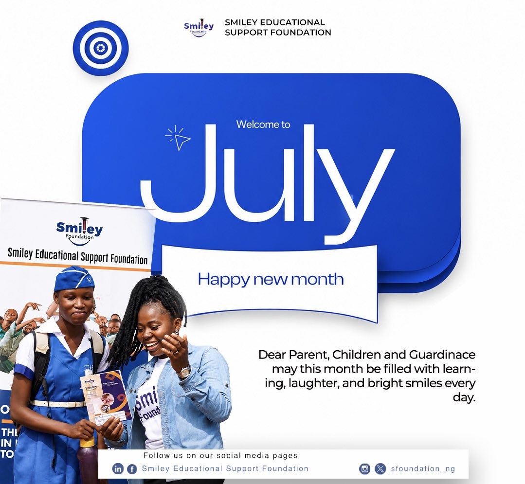 Sfoundation_ng's tweet photo. Welcome to July! 🎉

Dear parents, children, and guardians may this month be filled with learning, laughter, and bright smiles every day. 

Happy New Month from Smiley Educational Support Foundation! 

#NewMonth #JulyGoals #SDG4 #SmileyFoundation #sfoundation_ng https://t.co/xUslJBLTH3