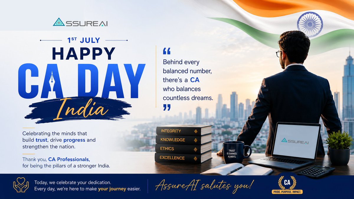 Assure_AI's tweet photo. Today, we take this opportunity to celebrate the dedication and expertise of Chartered Accountants. Your commitment to excellence and integrity is the backbone of our Financial world.

Thank you for your invaluable contribution to the society.

Happy CA Day!!-AssureAI Team https://t.co/LUM83Dq0D3