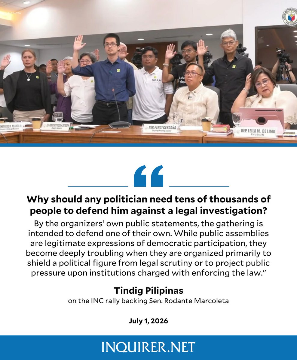 inquirerdotnet's tweet photo. ‘WHY SHOULD ANY POLITICIAN NEED TENS OF THOUSANDS OF PEOPLE TO DEFEND HIM?’

Tindig Pilipinas, organizers of the Trillion Peso March, criticized the Iglesia ni Cristo (INC)-led rally in support of Sen. Rodante Marcoleta, saying mass demonstrations should not be used to shield public officials from legal scrutiny.

READ MORE: https://t.co/A3MaVLynEk