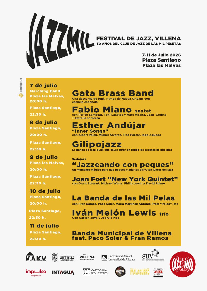 Clubjazzmil's tweet photo. 🎷JAZZMIL 2026 YA ESTÁ AQUÍ 🎷
La próxima semana #Villena se convierte en la capital del jazz con una edición muy especial de #Jazzmil, que celebra el 30º aniversario del Club de Jazz de las Mil Pesetas. 

📆7 – 11 de julio de 2026
🎟️Entrada gratuita https://t.co/IRCzzCLoQQ