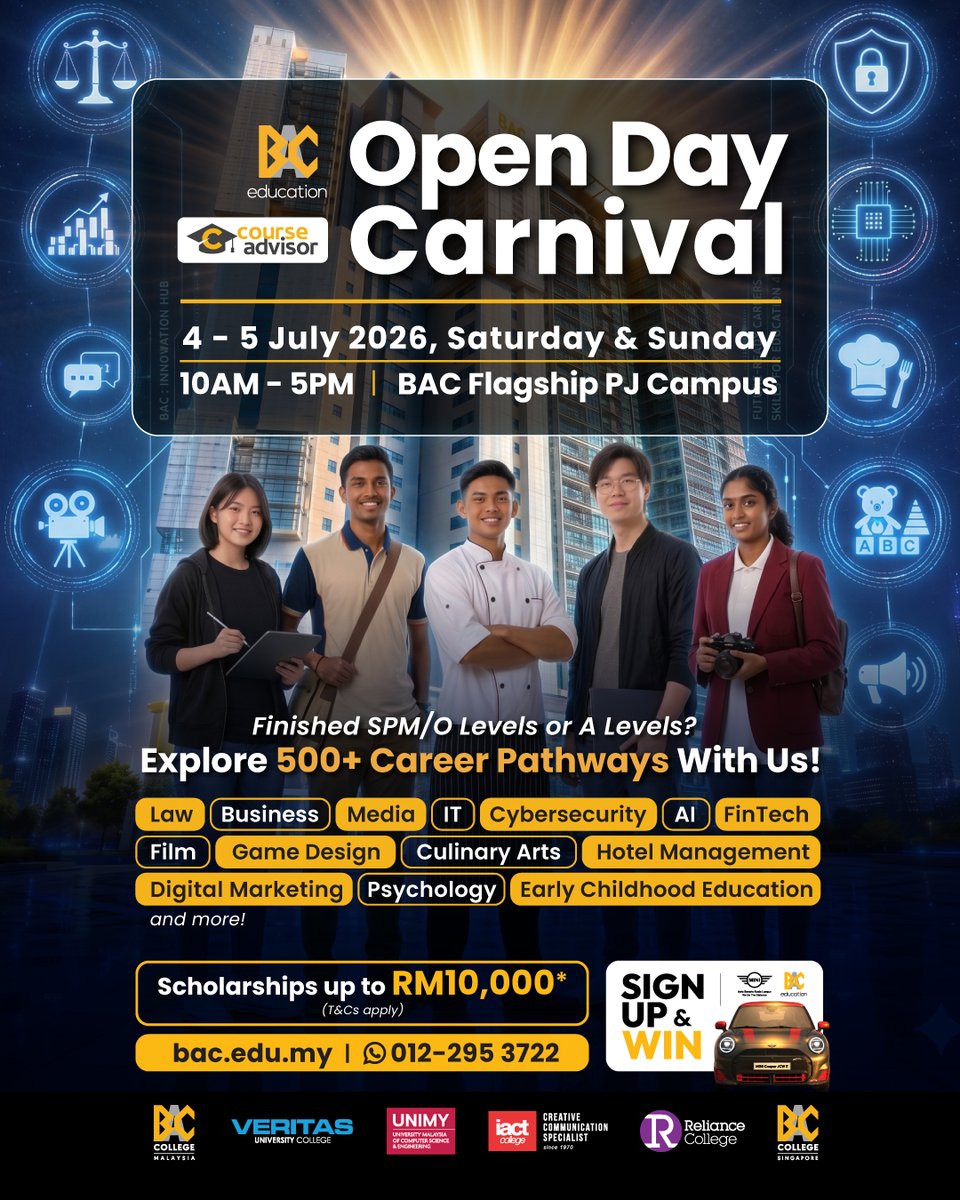 IACTCollege's tweet photo. Got your SPM, O-Levels or A-Levels results but still unsure what comes next?  

Join us at the BAC Open Day Carnival and discover the pathway that's right for you.  

Register now via https://t.co/iEWGs9L3L4

#BACEducation #OpenDayCarnival #MiniCooperJCWE #ExploreCareerPathways https://t.co/l7lTsefQdY