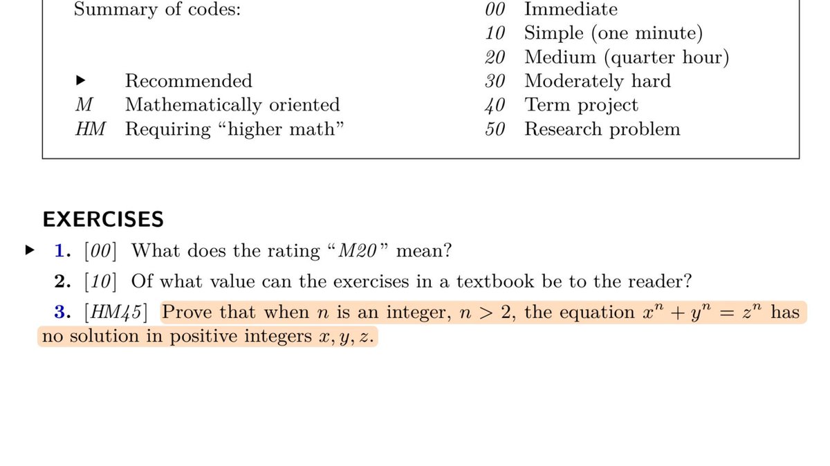 fermatslibrary's tweet photo. Donald Knuth included Fermat’s Last Theorem as one of the exercises in his monumental The Art Of Computer Programming. https://t.co/j6xMzU41Ra