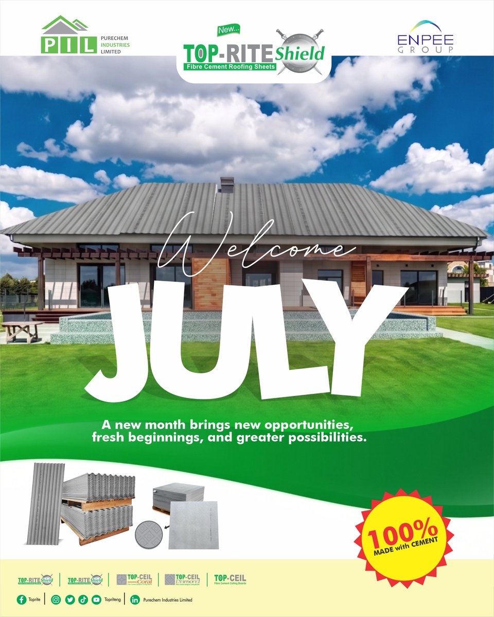 Topriteng's tweet photo. Welcome, July! π
A new month brings new opportunities, fresh beginnings, and greater possibilities.
#WelcomeJuly #HelloJuly #NewMonth #BuildBetter #StrongFoundations #SuccessAhead #TopRite #TopCeil #Purechem https://t.co/IqnwR7J3wE