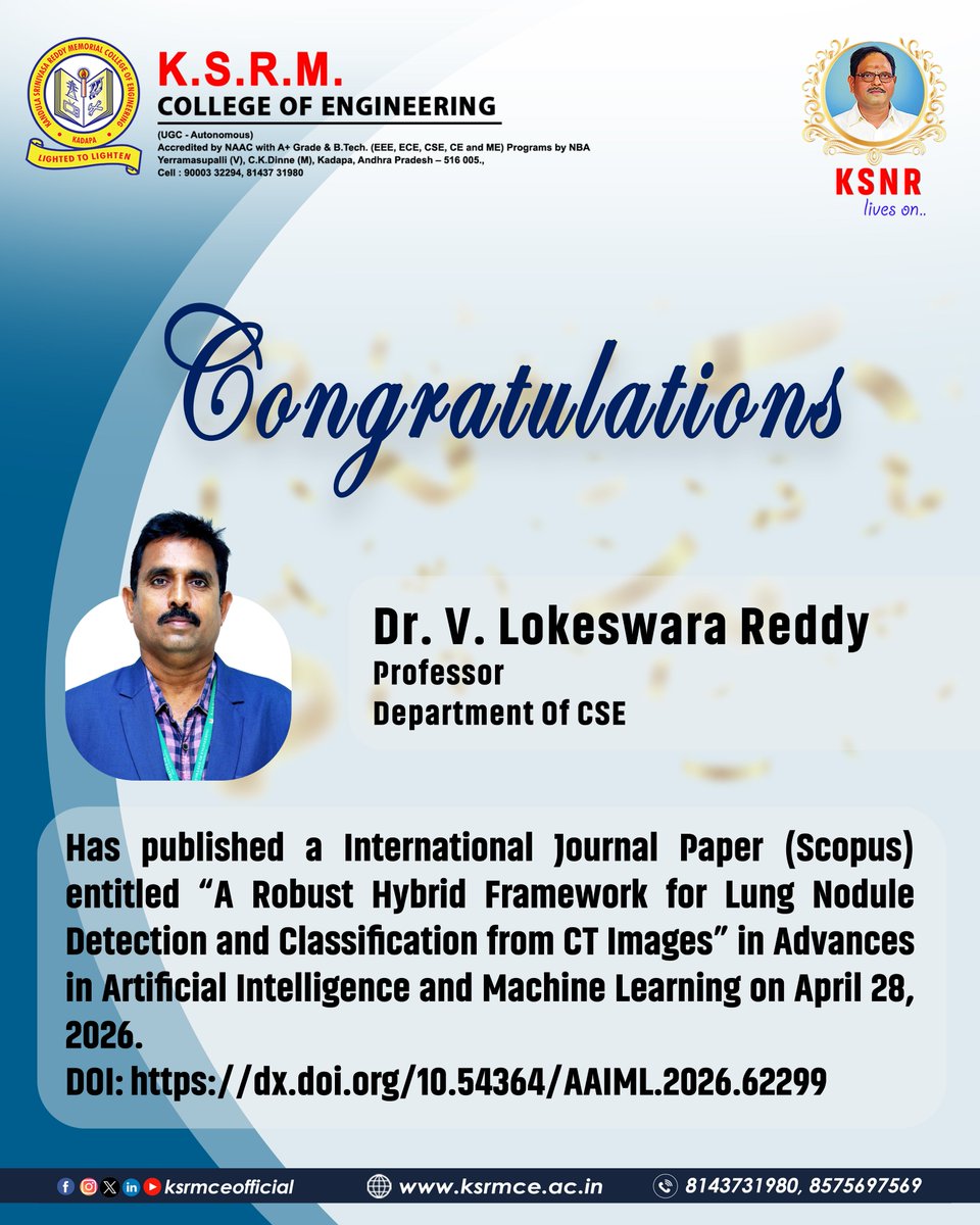 ksrmceofficial's tweet photo. Congratulation's !!
#KSRMCE #CSE #ArtificialIntelligence #MachineLearning #MedicalImaging #CTScan #Congratulations https://t.co/UPS8oY6xu9