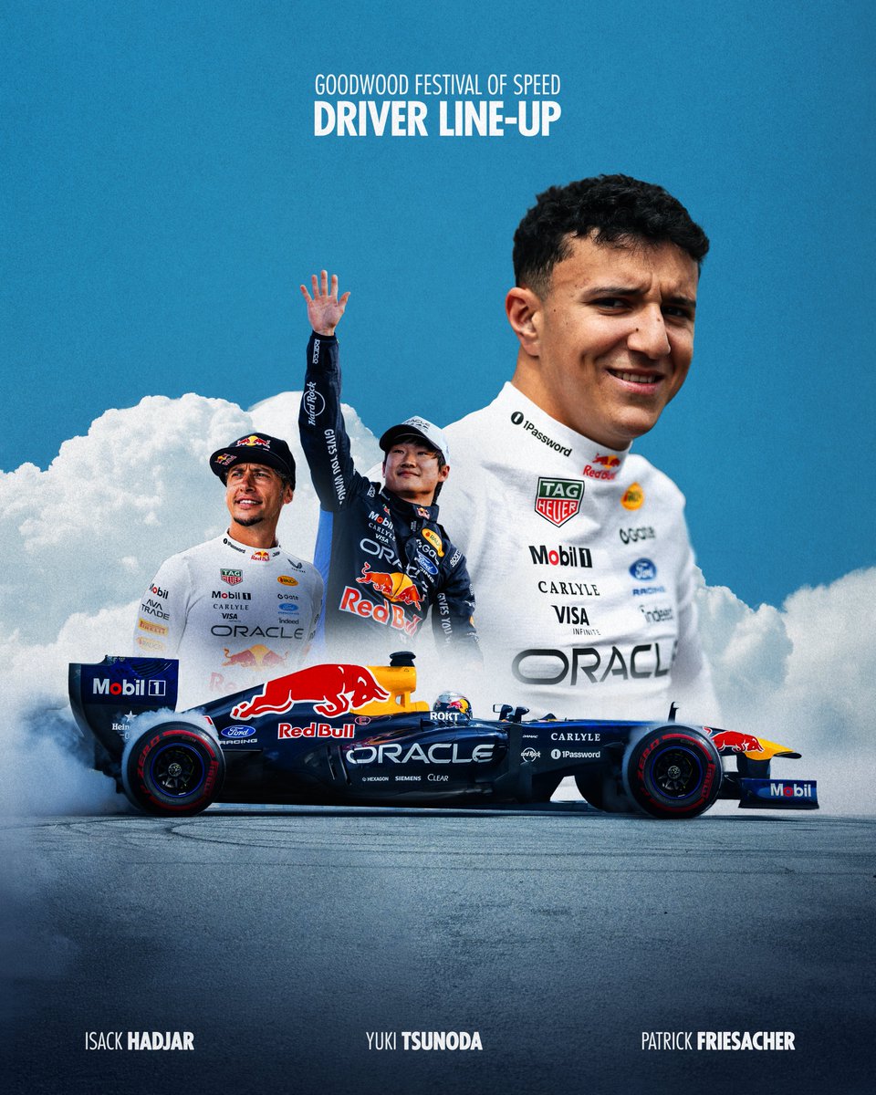 redbullracing's tweet photo. Ready for the climb 👊

Isack, Yuki, and Patrick are heading to @fosgoodwood 🙌

#F1 || #RedBullRacing https://t.co/Vm7vDFdP68