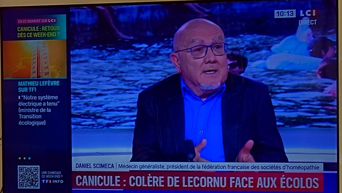 Spinest2017's tweet photo. Qui on invite pour parler de canicule, de mortalité et de santé publique ? Daniel Scimeca, le chef des Homéopathes...
Qui fait les castings chez LCI ? https://t.co/5pC3MCAGOP