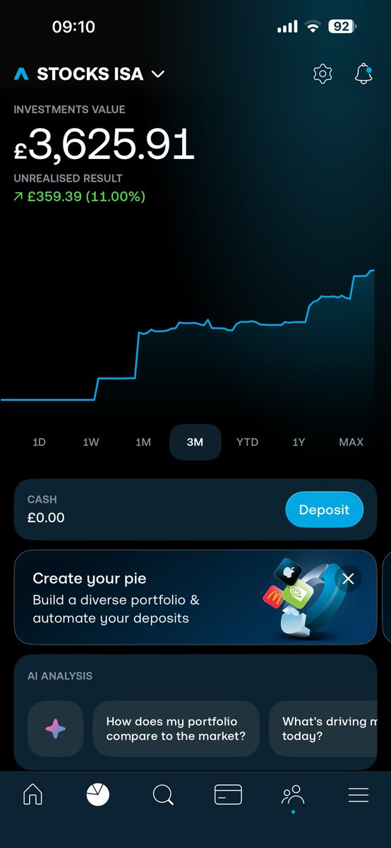 bpizzlah's tweet photo. 🚀 21 years old, fully qualified joiner, and just 3 months into investing — already up 11% in my Trading 212 Stocks ISA! 

Started in April as a total beginner. I work hard and after bills and life I can put away +-£1,000 every month. Grateful to be in this position already.

Still early days and I know I’ve got tons to learn. What do you think?

👇 Thread with more details + questions below
