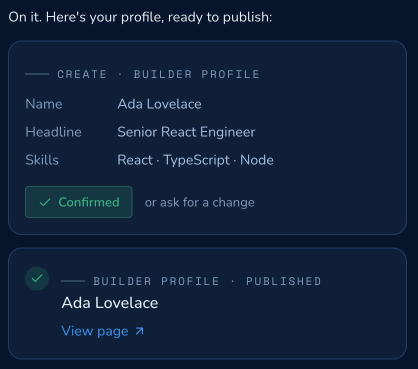 codercops's tweet photo. an AI agent with write access to your real data is a horror story waiting to happen. so ours writes nothing on its own. profile edits, job posts, starting a search: each one stops at a preview card you confirm first. the agent proposes, you decide what ships. https://t.co/NoLpPcwfTs