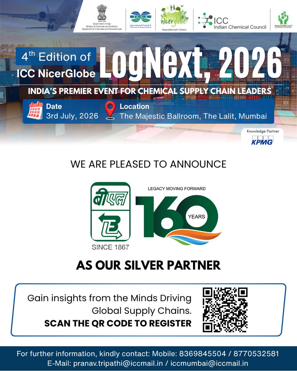 icc_india's tweet photo. We are pleased to have @Balmer_Lawrie as our Silver Partner for the 4th ICC NG LogNext 2026.

📅 3 July 2026 |📍The Lalit, Mumbai

Register at the link: https://t.co/GXZQE0lhfc

For details:
📞 8369845504
✉️ pranav.tripathi@iccmail.in | iccmumbai@iccmai.in

@KPMGIndia https://t.co/2sUZNKfjL6