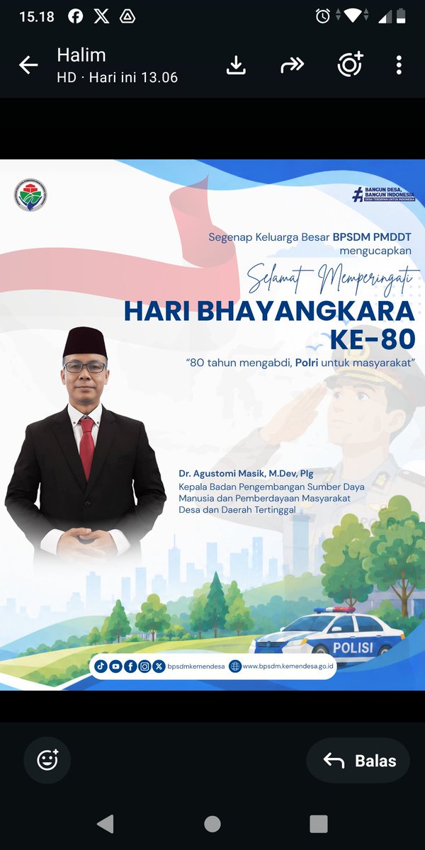 IkmalMarom's tweet photo. Segenap keluarga Besar BPSDM PMDDT 
Mengucapkan Selamat Memperingati Hari Bhayangkara Ke-80 tahun 2026✨

Terimakasih atas dedikasi dan pengabdian Polri dalam menjaga keamanan,
ketertiban, serta memberikan pelayanan terbaik kepada masyarakat.

#KementerianDesaPDT https://t.co/gqocnlM25Q