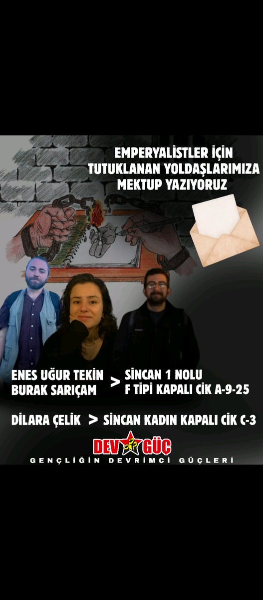 devguc_2026's tweet photo. Emperyalist savaş örgütü NATO 7-8 Temmuz'da Ankara'da olacak. Ortadoğu'dan Latin Amerika'ya kadar gittiği her yere savaş, açlık ve yoksulluk götüren bu örgütün rahat ağırlanması adına düzmece dosyalarla yoldaşlarımız tutuklandı.

Yoldaşlarımızın mektup adresleri👇 https://t.co/PvnmsPeN2J