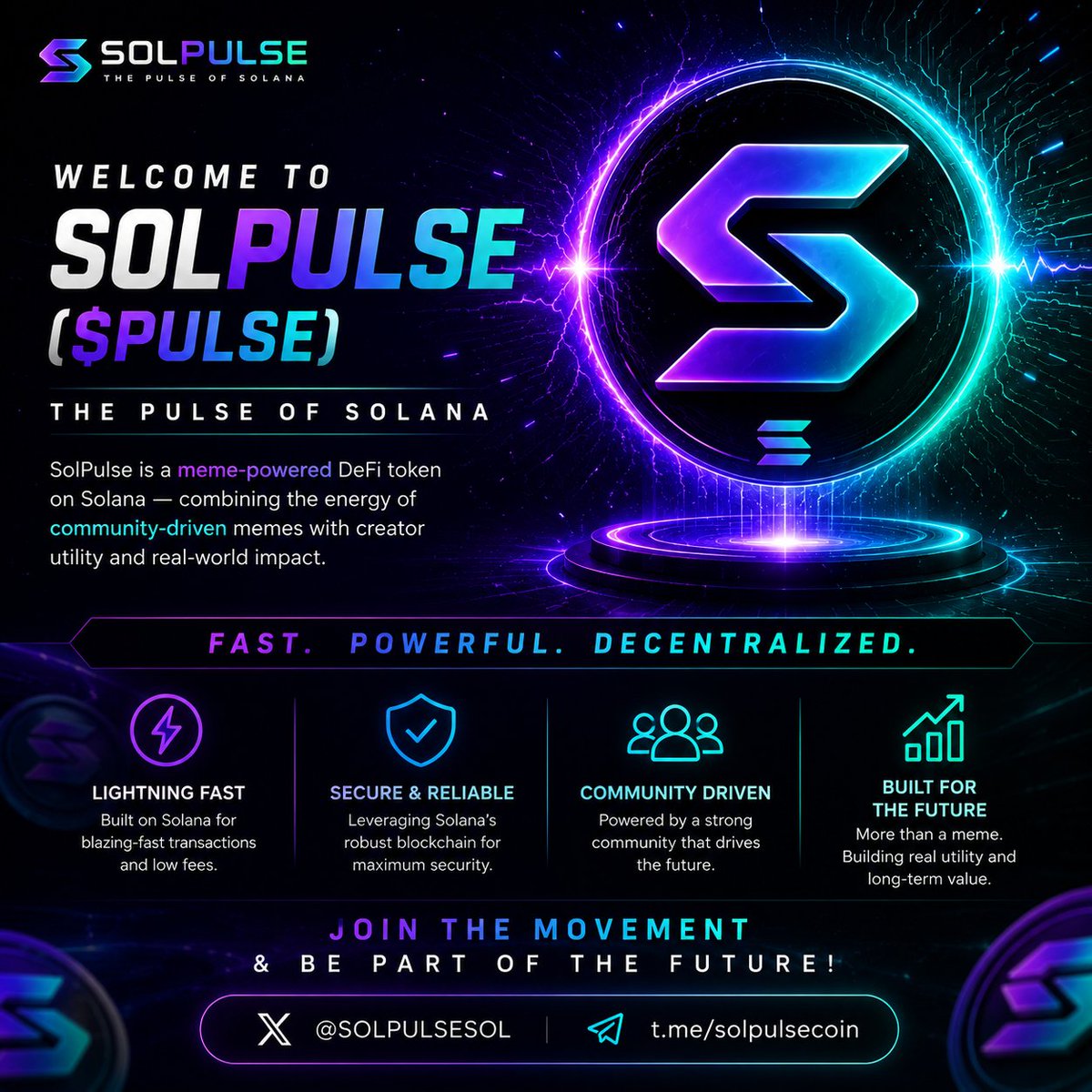 SOLPULSESOL's tweet photo. ๐ Welcome to SOLPULSE ($PULSE)!
The pulse of the Solana ecosystem is here.
โก Fast. Powerful. Decentralized.
๐ Community-driven and built for the future.
Join us and become part of the movement. #SOLPULSE #Solana #Crypto
CA: BYyMHRU9M3GLr2AVUSghTef8jPDfjejH3uekZK1TGDUt https://t.co/ZHek38o0Tn