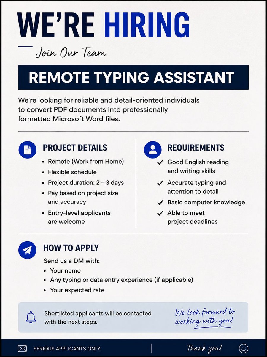 BobKelly67's tweet photo. @soft_editing @JAKETRINDER_ We’re looking for reliable typists to convert PDF screenshots into professionally formatted Microsoft Word documents. This is a paid 2–3 day project. Entry-level applicants are welcome. If you’re interested, send me a DM with your experience and expected rate.
:@Bobkelly67 https://t.co/BGpHNaddVl