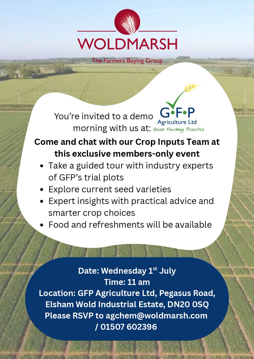 Woldmarsh's tweet photo. We're looking forward to visiting GFP Agriculture LTD today for a demo morning!🌾

If you're attending, come and say hello to our Crop Inputs team.

Any last minute RSVPs, please email agchem@woldmarsh.com https://t.co/4tyVDfnXAD