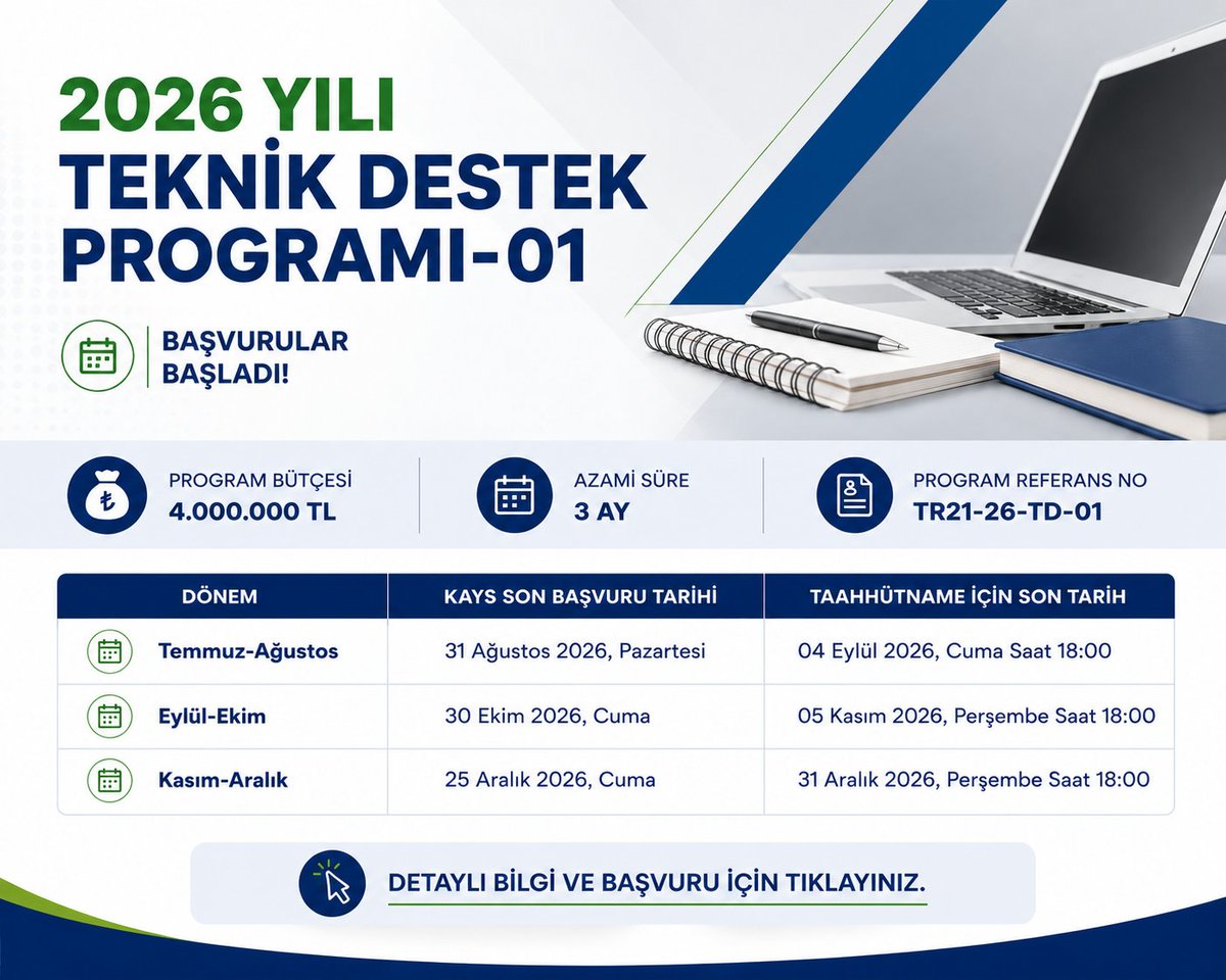 tr21trakya's tweet photo. 📌Bölgemizdeki kamu kurumları, yerel yönetimler, üniversiteler, STK’lar ve kooperatifler! Kurumsal kapasitenizi güçlendirmeye, hizmet kalitenizi artırmaya hazır mısınız?

📌Trakya Kalkınma Ajansı olarak, 2026 yılı Teknik Destek Programı-01 kapsamında https://t.co/iIaMUAZuNZ