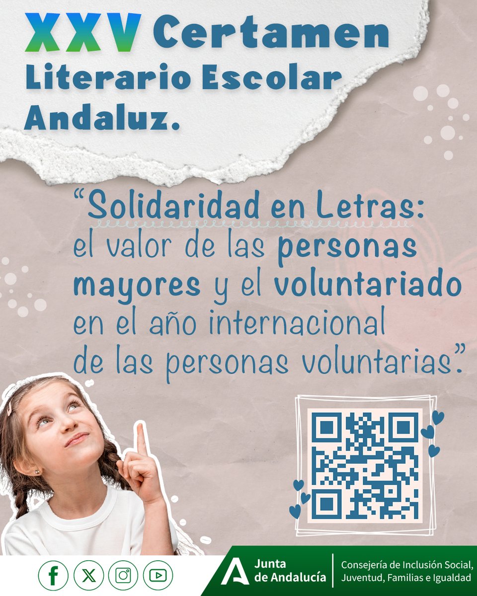 IgualdadAND's tweet photo. ✍🏻 ¡Convocada la nueva edición del Certamen Literario Escolar sobre Voluntariado!

🫂 Este año ponemos el foco en el cuidado de las personas mayores y el voluntariado, enmarcándose en el Año Internacional de las Personas Voluntarias.

🗓️ Convocatoria, abierta hasta el 26 de octubre.

🟢 Más información: https://t.co/3L0YzsRGBx
