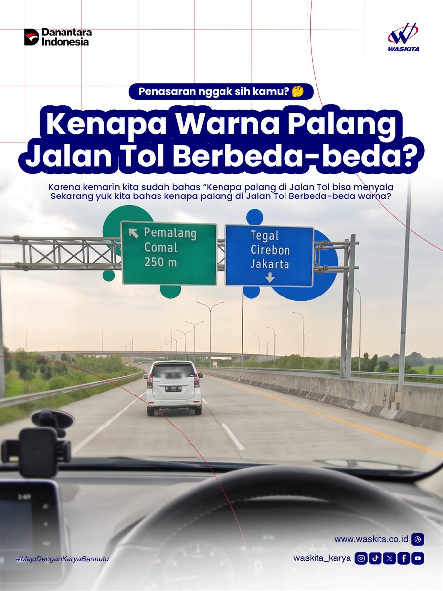 waskita_karya's tweet photo. Halo InsanKita. Pernah kepikiran nggak sih, saat lagi asyik nyetir di jalan tol, kenapa warna papan penunjuk jalannya beda-beda?
Ternyata ada artinya lho, bukan sekadar biar colorful aja.

Yuk, kita bahas https://t.co/Z054jBabww