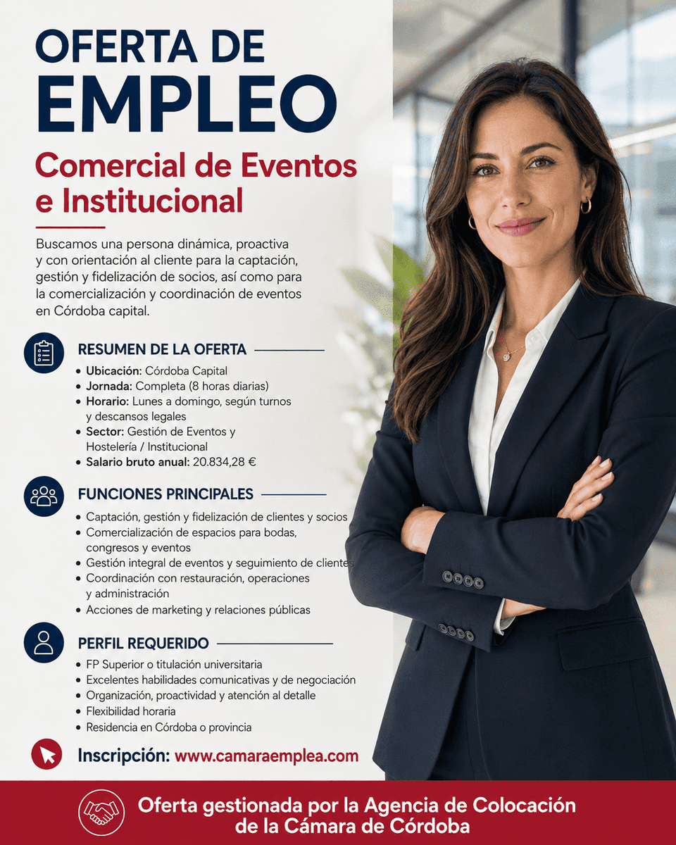 camaraemplea's tweet photo. Nueva oferta de #trabajo Camara Emplea: COMERCIAL DE EVENTOS E INSTITUCIONAL en #cordobasp @camaraofcordoba > https://t.co/ef0wJG2JZ0 #camaraemplea https://t.co/UoLuCdFTVC