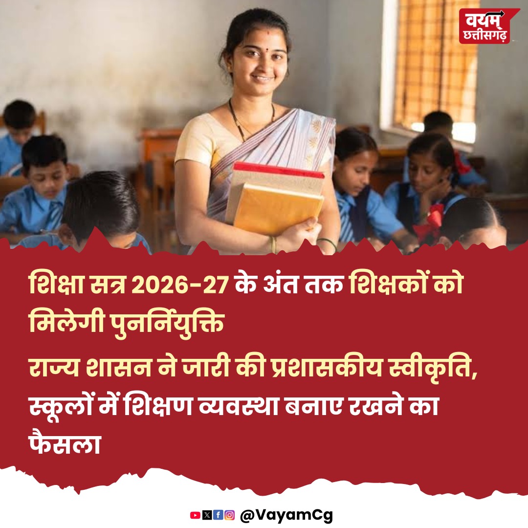 Chhattisgarh_36's tweet photo. शिक्षा सत्र 2026-27 के अंत तक शिक्षकों को मिलेगी पुनर्नियुक्ति
राज्य शासन ने जारी की प्रशासकीय स्वीकृति, स्कूलों में शिक्षण व्यवस्था बनाए रखने का फैसला
#Chhattisgarh #CGEducation #TeacherReappointment #PradeshAdyakshRaviDada #NationalDoctorsDay #RavindraDada_Varshapurti https://t.co/bGLDydL8Fr