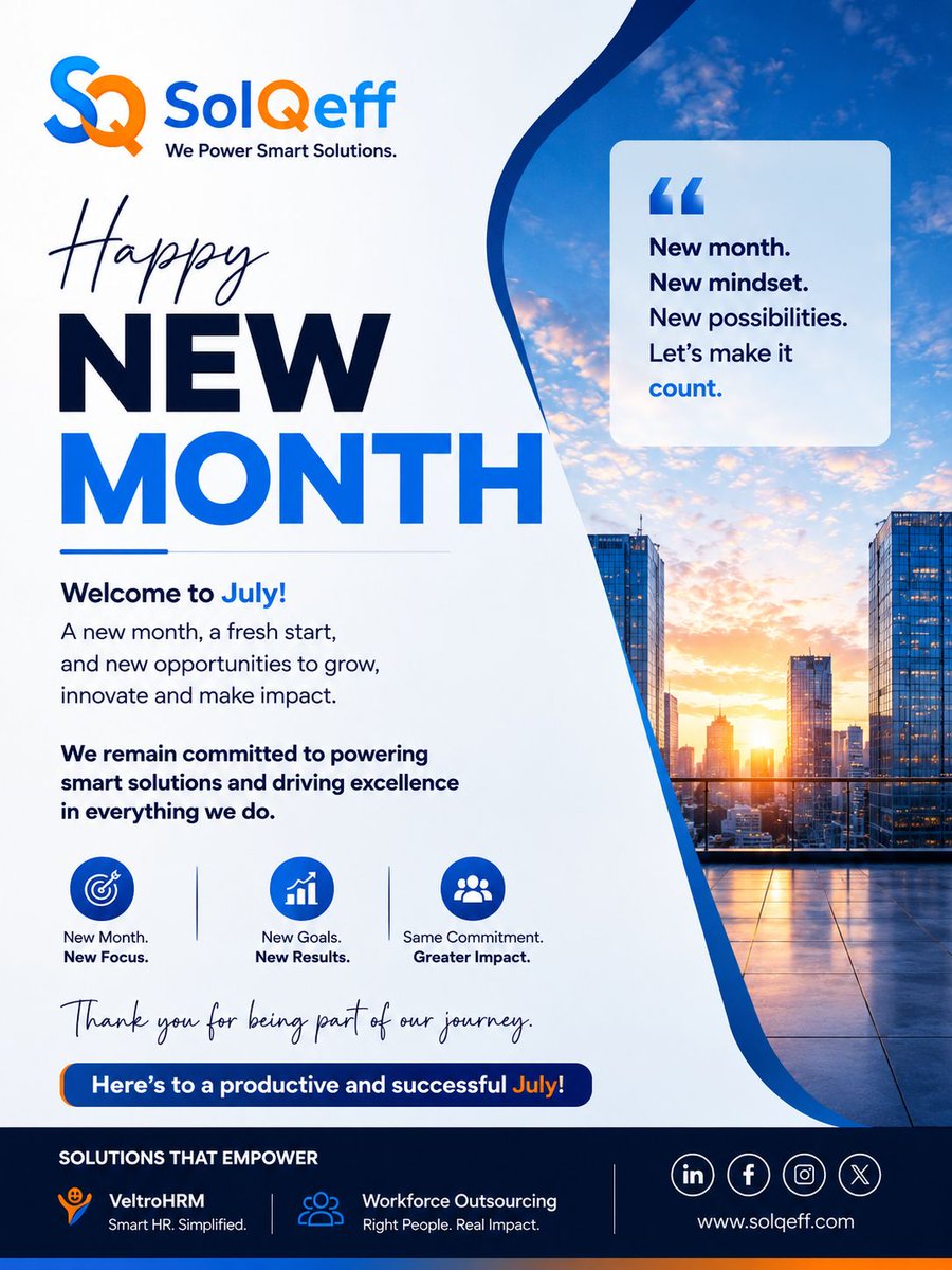 SolQeff's tweet photo. Welcome to July!

A new month is more than the turn of a calendar, it’s a chance to reset, refocus, and move forward with purpose.

Happy New Month from all of us at SolQeff!

#HappyNewMonth #July #SolQeff #HRTech #WorkforceManagement #DigitalTransformation #BusinessGrowth https://t.co/5hQJqXWYSq