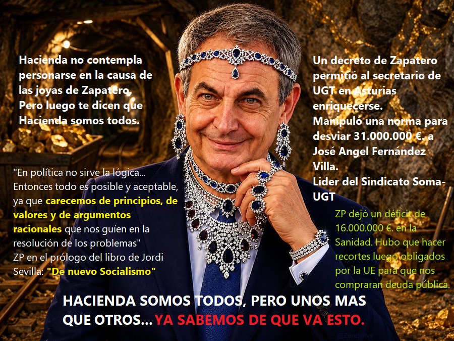sextopericio44's tweet photo. ¿ES TAN DIFÍCIL SABER LA VERDAD DE ESAS JOYAS?
Hacienda no contempla personarse en la causa de las joyas halladas en poder de Zapatero.

(*) Luego te dicen que Hacienda somos todos. https://t.co/TtKjTeCe7P