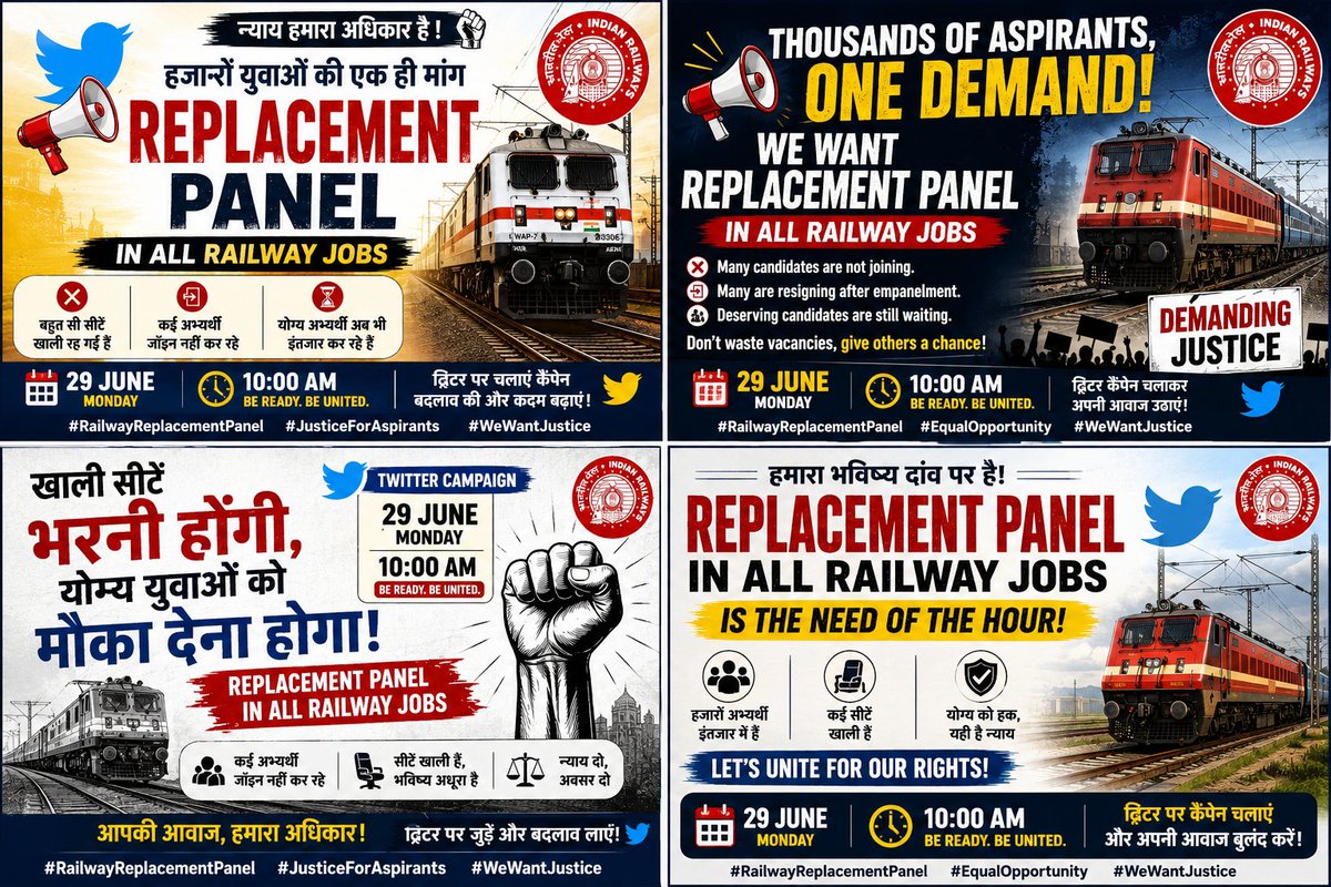 JvinitP's tweet photo. @RYPofficial Railway_Replacement_Panel क्यों जरूरी है? 
 NTPC, ALP ,JE और Technician में कॉमन कैंडिडेट्स के कारण हजारों सीटें 'Non-Joining' की वजह से खाली रह जाती हैं। #RailwayReplacementPanel 
@RailMinIndia
@AshwiniVaishnaw @Skjhaaofficial @khan__sir_patna @airfindia @PMOIndia https://t.co/xGiKzS1x8O