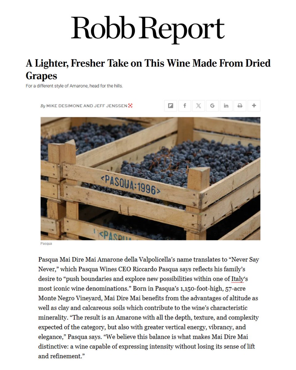 PasquaWinery's tweet photo. The article by @RobbReport “A Lighter, Fresher Take on This Wine Made From Dried Grapes. For a different style of Amarone, head for the hills” takes a look at the fresher and more elegant interpretations of Amarone and cites Mai Dire Mai Amarone della Valpolicella DOCG from @PasquaWinery as a wine that is “capable of expressing intensity without losing its sense of lift and refinement.”

#RobbReport #PasquaWines #PasquaHouseOfTheUnconventional