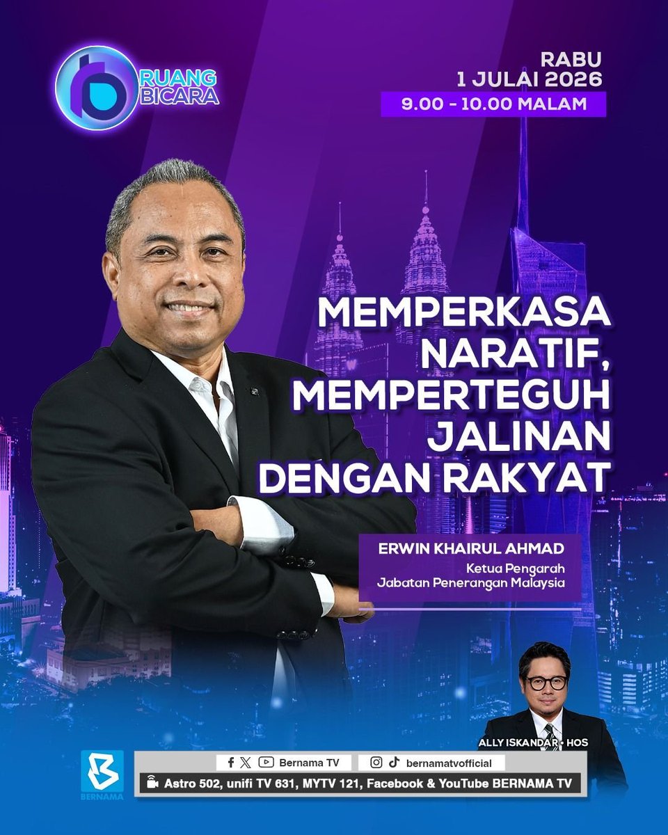 JPenerangan's tweet photo. 📺 Jangan lupa saksikan Ruang Bicara malam ini bersama Ketua Pengarah Jabatan Penerangan Malaysia, Encik Erwin Khairul Ahmad yang akan mengupas topik Memperkasa Naratif, Memperteguh Jalinan Dengan Rakyat.

🕘 9.00 malam | BERNAMA TV &amp; Facebook Jabatan Penerangan Malaysia. https://t.co/z340Hr2CUS