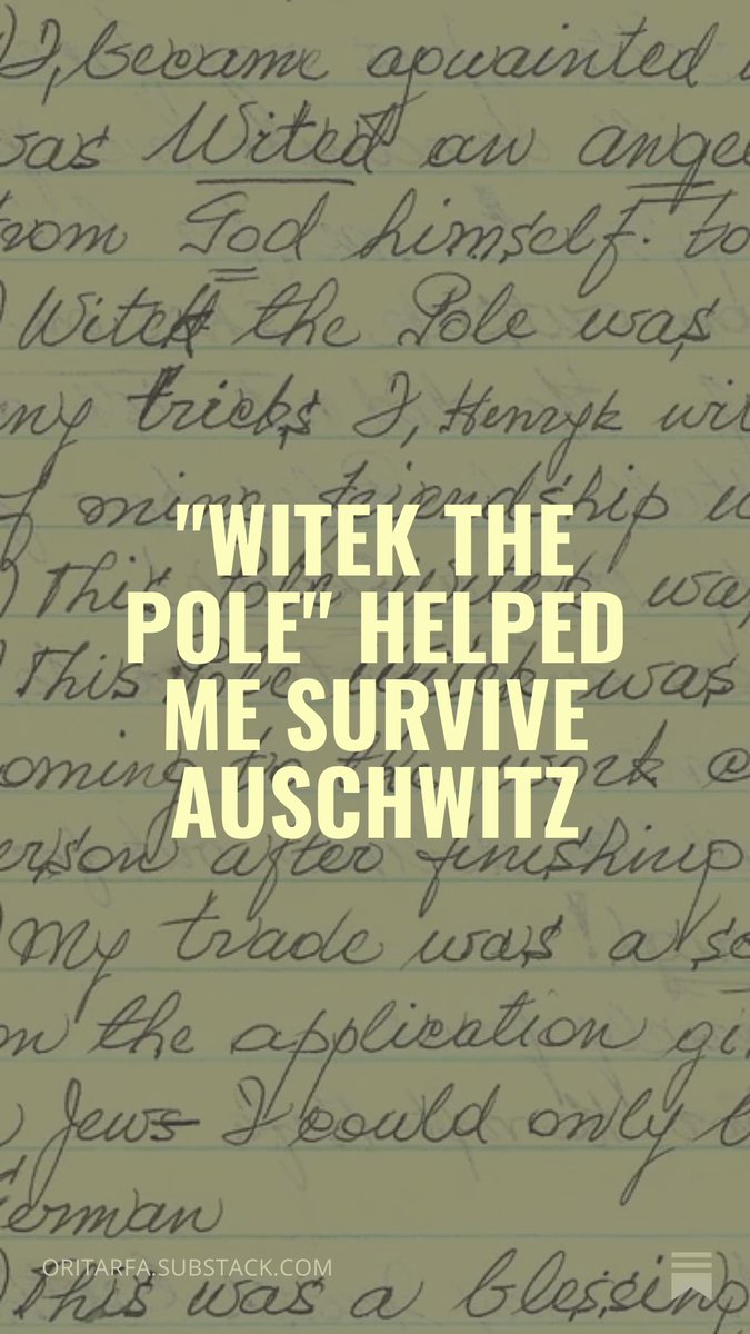 Oritar's tweet photo. Calling my Polish and German friends, especially historians.

I'm trying to track down the family of "Witek the Pole," a Christian civilian worker who risked his life to help my grandfather, Henryk Arfa, survive Auschwitz by smuggling food. My grandfather called him "an angel sent down from God."

These are the facts I have:
-First name: Witek (likely Witold)
-Polish Christian from Silesia
-Worked as a civilian (not a prisoner) in a blacksmith workshop at the Jaworzno labor camp (an Auschwitz subcamp)
-Helped my grandfather in 1943–44 by secretly bringing bread and other items into the camp in exchange for tools my grandfather took from the tool room

If this story sounds familiar to anyone, or if you know historians or archives that might help identify him, I'd be deeply grateful. @ArolsenArchives @AuschwitzMuseum @ipngovpl_eng

Here is his story of "Witek the Pole":
https://t.co/Qhs3vNUlVt