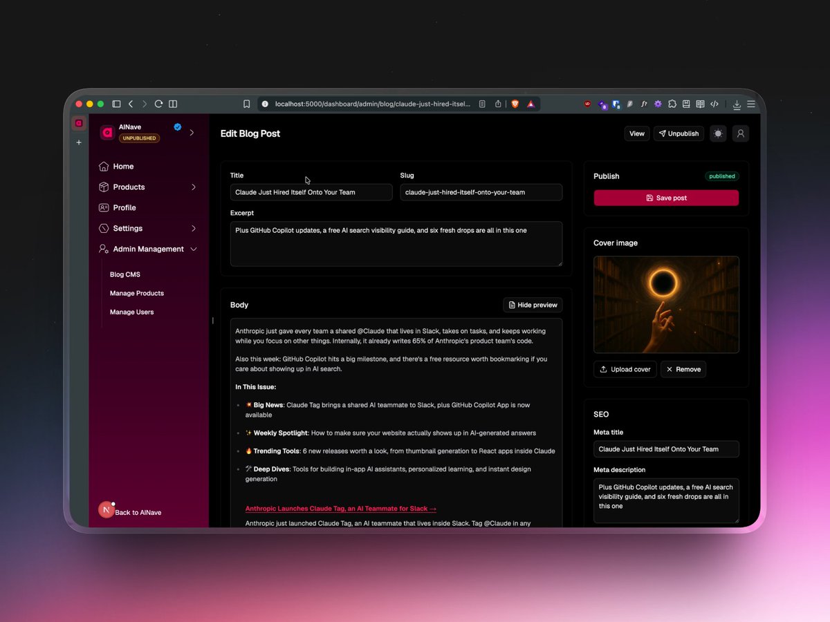 ramitkoul's tweet photo. 🚀 Day 74 of Building in Public

🔥 Going live with a custom-made lightweight blog platform.

- I will be using this to post weekly newsletters and other thoughts for AI builders and enthusiasts.

- Initially, I thought of using any existing platform like ghost but I feel this was a lot easier to setup without any extra cost involved since I already had the solid base setup in my codebase for my usecase.

#buildinpublic