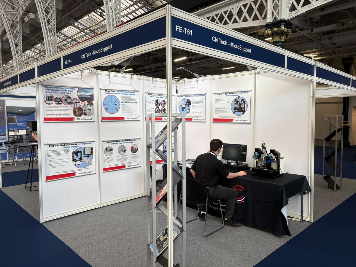 CNTech1's tweet photo. We’re in London for the Forensics Europe Expo! Visit our stand for live demonstrations of the AxisPro Micromanipulator from Microsupport, designed for micro-sampling, forensic analysis, and R&amp;D applications. 

#AxisPro #MicroManipulator #microtweezers https://t.co/k7Rx3TYCdE