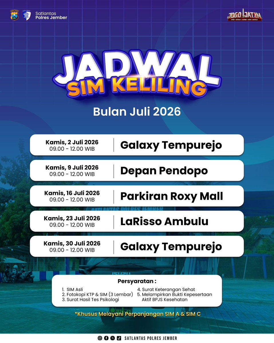 SatlantasJember's tweet photo. Halo Sobat Lantas,
Ada kabar gembira nih buat kalian semua,
Buat kalian yang akan memperpanjang SIM A atau SIM C tapi jauh dari pusat kota sekarang udah ga perlu khawatir lagi nih, Satlantas Polres Jember mengoperasikan Bus Sim Keliling.
Yuk buruan cek jadwalnya. https://t.co/DcsM1I5rFv