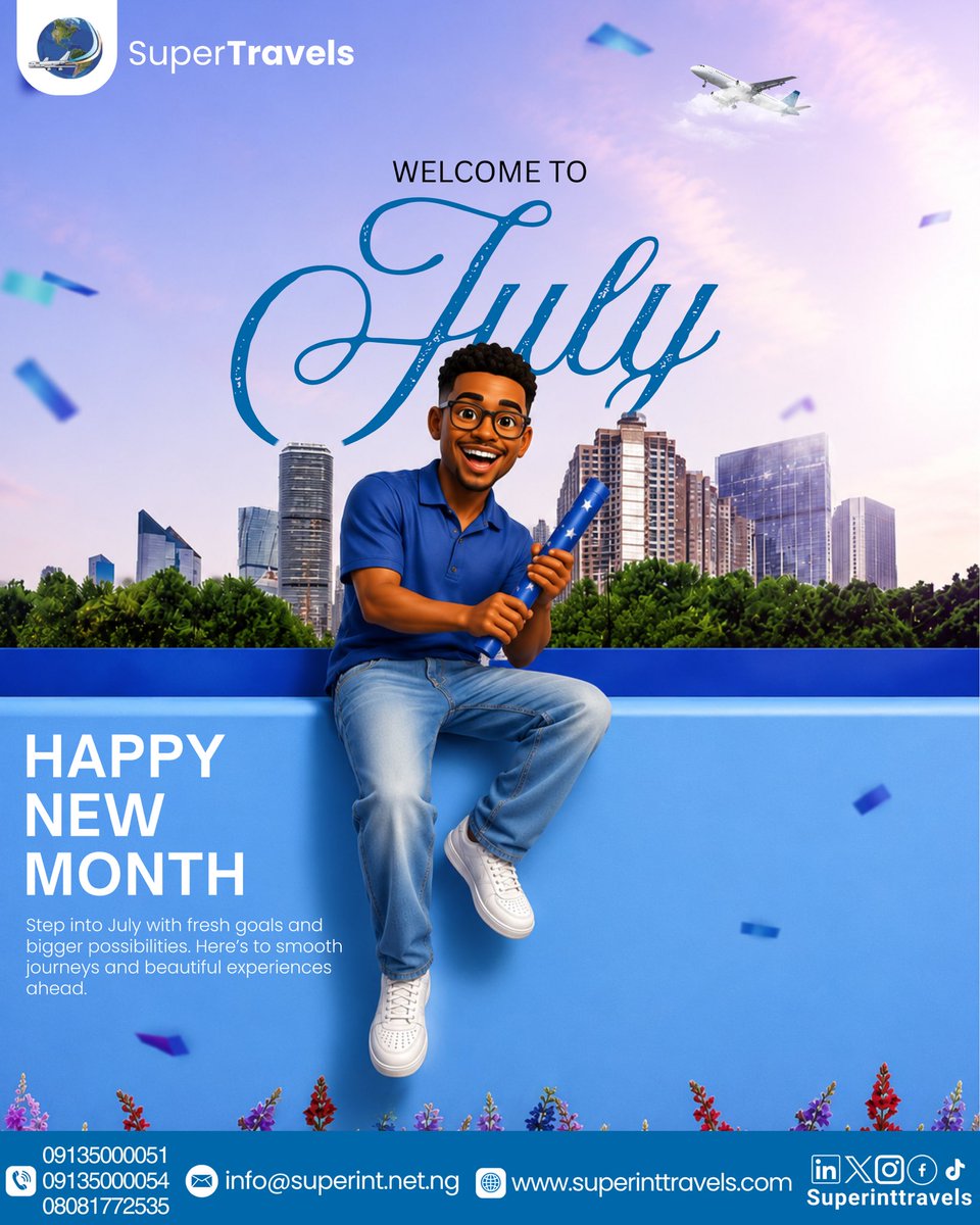 SuperIntTravels's tweet photo. Welcome to July.

A new month to embrace fresh goals, bigger possibilities, and exciting journeys ahead.

Wishing you smooth travels and memorable experiences from all of us at Super Travels. https://t.co/JQpkwuc80Q