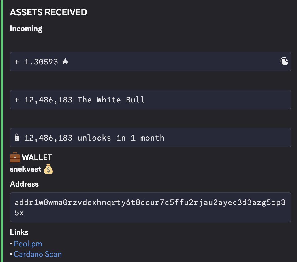 Darkvlade2's tweet photo. I've been watching this guy grinding lately. 
He's putting a lot of effort into building his project and getting people to actually test the tools.
The timing hasn't been great, though. 😅
I tried them myself :
-The public sniper bot is definitely faster than trading  manually, but isn't that fast to be honest 😂.

-The wallet tracker is the standout for me. It's currently one of the fastest and most accurate wallet trackers I've used on Cardano.

@launchradarada  Keep building, bro. Don't lose hope.
Hopefully this tweet helps more people  discover what you're working on. 🤝
Here is a little example of  the tracker bot :