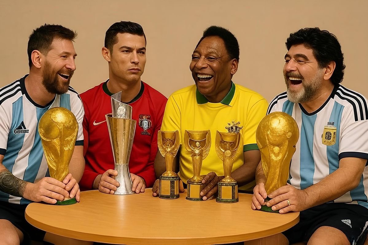 bigmilano_01's tweet photo. Messi, Pelé and Maradona: “Show us your World Cup.” 🏆

Ronaldo: “Best I can do is the EURO trophy.” 😭 https://t.co/UsO71uumWs