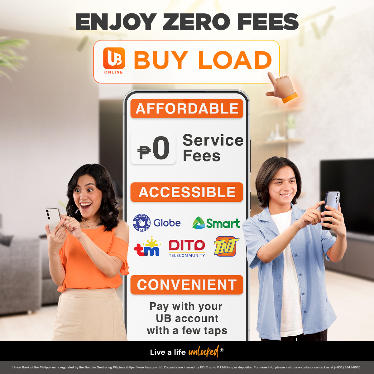 unionbankph's tweet photo. Stay connected with ZERO fees when you buy load via UnionBank Online 📲 Unlock great-value regular load or promo bundles for calls, chats, and data anytime, anywhere.

Visit https://t.co/hrG54gkD1x to learn more about UnionBank Online.

#LiveALifeUnlockedWithUB
.
.
.
.
.
.
Union Bank of the Philippines is regulated by the Bangko Sentral ng Pilipinas (https://t.co/1yGSaMN7t8).

Deposits are insured by PDIC up to P1 Million per depositor. For more info, please visit our website. For any concern, you may contact us through our UnionBank Online app (Mailbox > Support > Create New Ticket) or our Customer Service Hotline at (+632) 8841-8600.