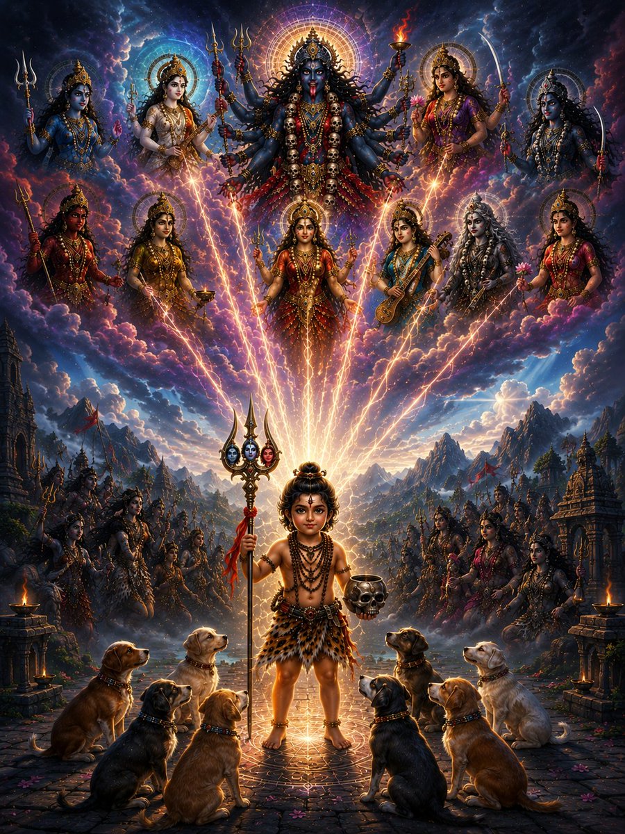 AnadyaOm's tweet photo. The Kali Khanda of Shakti Sangam Tantra talks about the birth of Batuka Bhairava.  

A demon named Aapat, whose name literally means calamity had grown so powerful through his own austerities that the gods were helpless and every traditional weapon they tried failed.

Innumerable Yoginis and the various manifestations of the Mahavidyas and the countless forms of Kali decided to step in. Rather than creating another warrior goddess, they pooled their tejas into a single point of resolve. 

Out of this divine flash of collective light the form of Batuka Bhairava emerged. He didn't appear as a giant, but as a five-year-old boy, a manifestation of goddesses energy as distilled, concentrated and pure form.

Supreme goddesses Maa Ugratara gave him a sacred thread made of a serpent, representing mastery over Kundalini. Maa Chinnamasta gave him a kapala, symbolizes the cutting away of the ego. 

Maa Kalika granted him mastery over time and death. He was also given a Trishula, its three prongs presided over by the Maa Kali, Maa Tara, and Maa Chinnamasta. 
Various beings, including siddhas and sadhyas, took the form of nine dogs to serve him. 

Maa Adya Mahakali eventually revealed that Batuka was actually Shiva, materialized through her samkalpa and would henceforth be known as "Deviputra".

When Batuka Bhairava finally met Aapat, the victory was effortless. The demon who had terrified the three worlds couldn't stand against the purity of the divine child. This is why he's known as "Aapat Uddharak", the one who rescues us from disaster.

May the Deviputra Apaduddharaka Batuka Bhairava's grace be upon us. 🙏