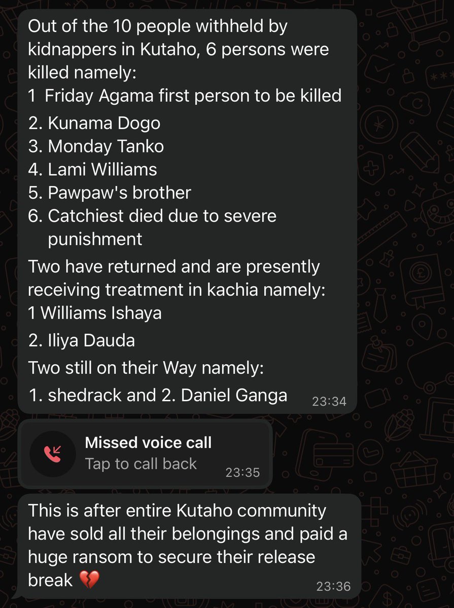 SKefason's tweet photo. I woke up this morning to heartbreaking messages and calls informing me that six of the ten people abducted from Kutaho village, near my ancestral community, on February 9, 2026, have been killed by terrorists despite the community selling off their belongings to pay the ransom that was demanded.

One of the victims was preparing for her wedding scheduled for April 6 this year. The terrorists collected the ransom from an already impoverished community and still went ahead to kill them.

Among those murdered were some of my distant relatives from my maternal grandmother’s side of the family.

My heart is heavy.

May God comfort the families of the victims and grant strength and consolation to the entire Kutaho and Kenyi communities during this painful time. May the souls of the departed rest in peace.

The 31 people kidnapped from Ariko community on Easter Sunday are still held with the terrorists asking for 1b naira and 30 motorcycles. For how long are the already weak victims ensure the horror of captivity?

I am heartbroken 💔 to say the least!