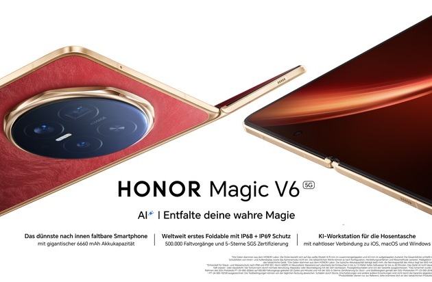 pp_techbranche's tweet photo. HONOR Magic V6: Ultraschlankes KI-Foldable-Flaggschiff vereint Leistung mit geräteübergreifender Produktivität / Technologische Fortschritte bei Gehäusedicke, Akkukapazität und Systemleistung https://t.co/VpydhCVd44 #ots #netzwelt #news https://t.co/Cmgqs2mpcT